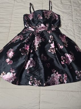 Windsor Black Satin Floral Dress with Pink Blossom Print